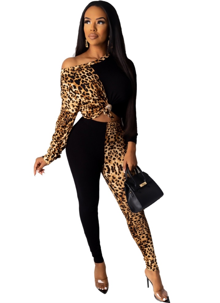 Leopard Print Long Sleeve Shirt and Tight Pants Set