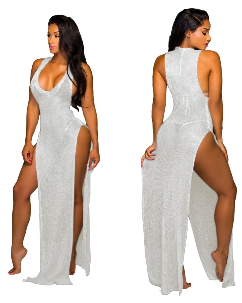 Sexy Metallic Slit Sleeveless Long Party Dress