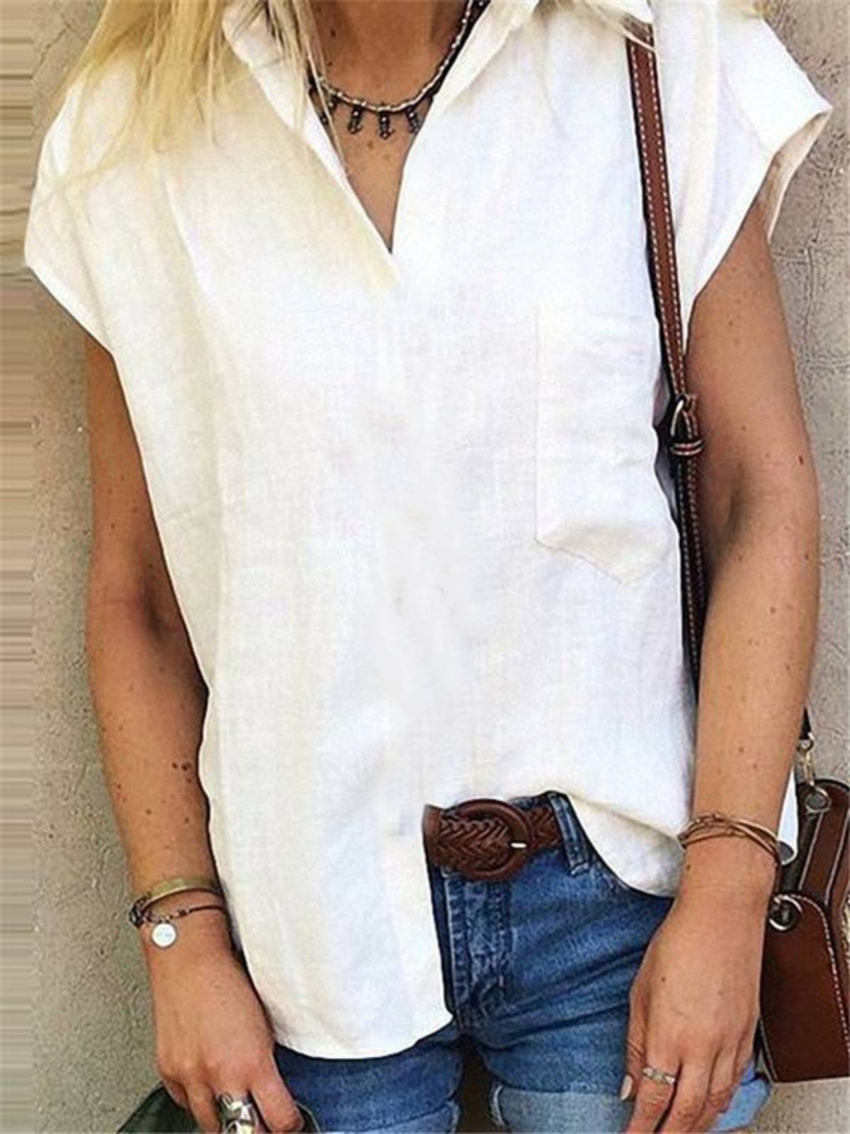 White Cotton-Blend Short Sleeve Shirts & Tops