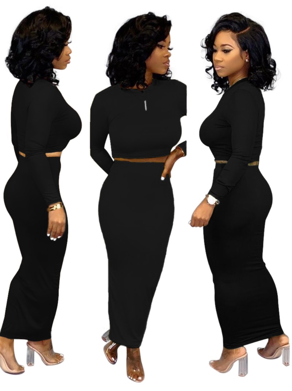 Solid Color Sexy Curvy Crop Top and Pencil Skirt