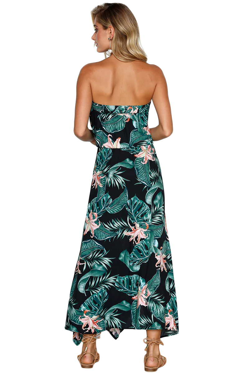 Summer Holiday Green Leaves Print Black Maxi Dress