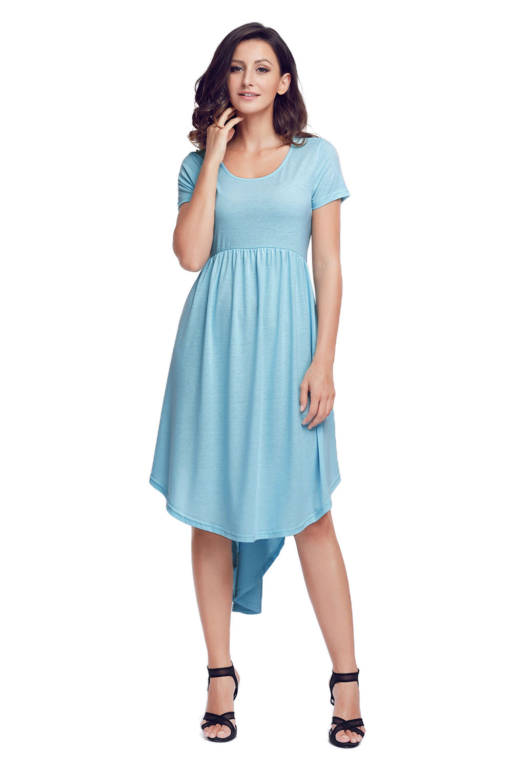 Light Blue Short Sleeve High Low Pleated Casual Swing Dress