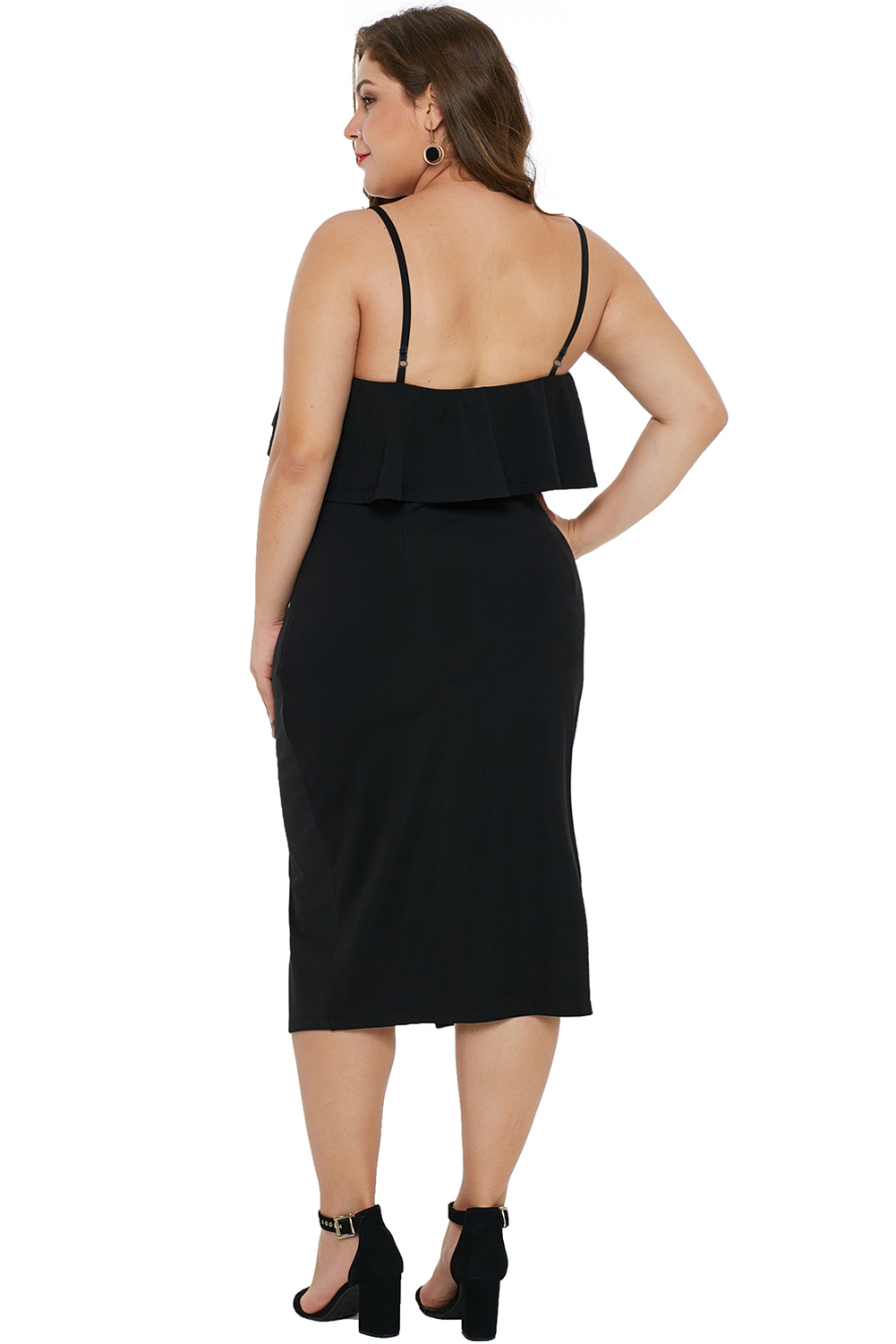 Black Ruffle Overlay Slit Front Plus Size Dress