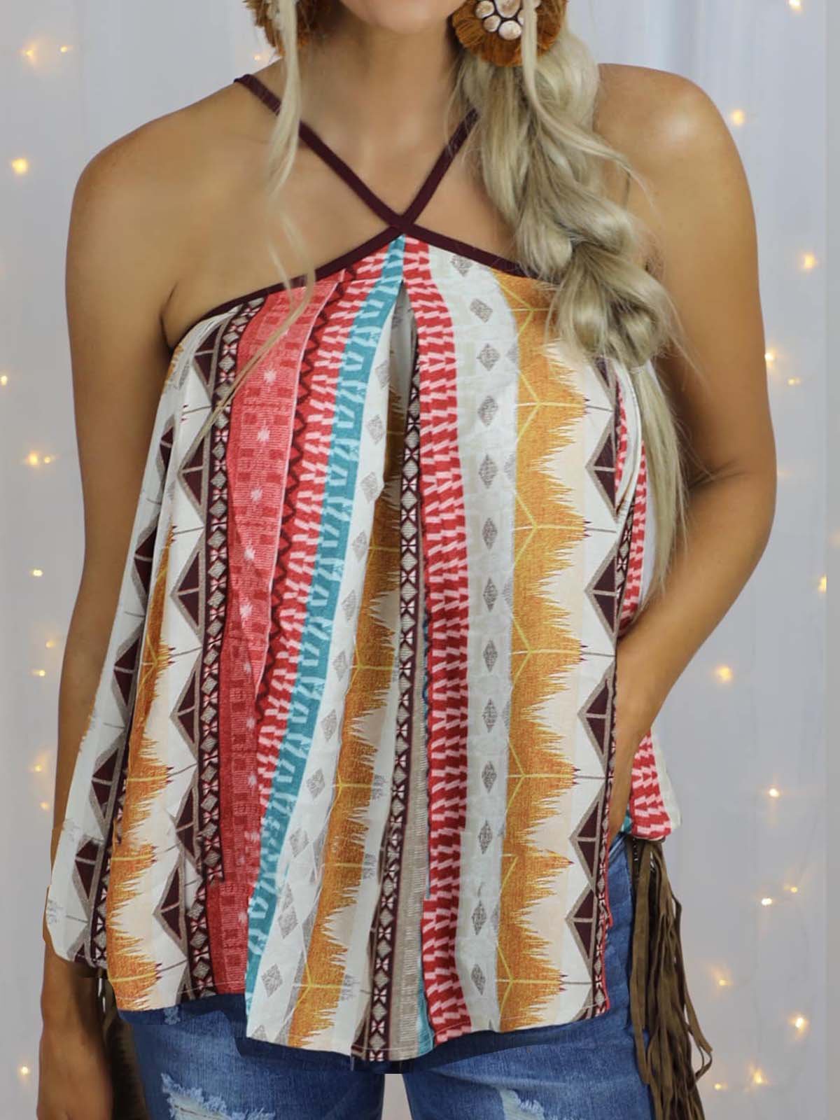 Spaghetti Tribal Cotton-Blend Casual Shirts & Tops