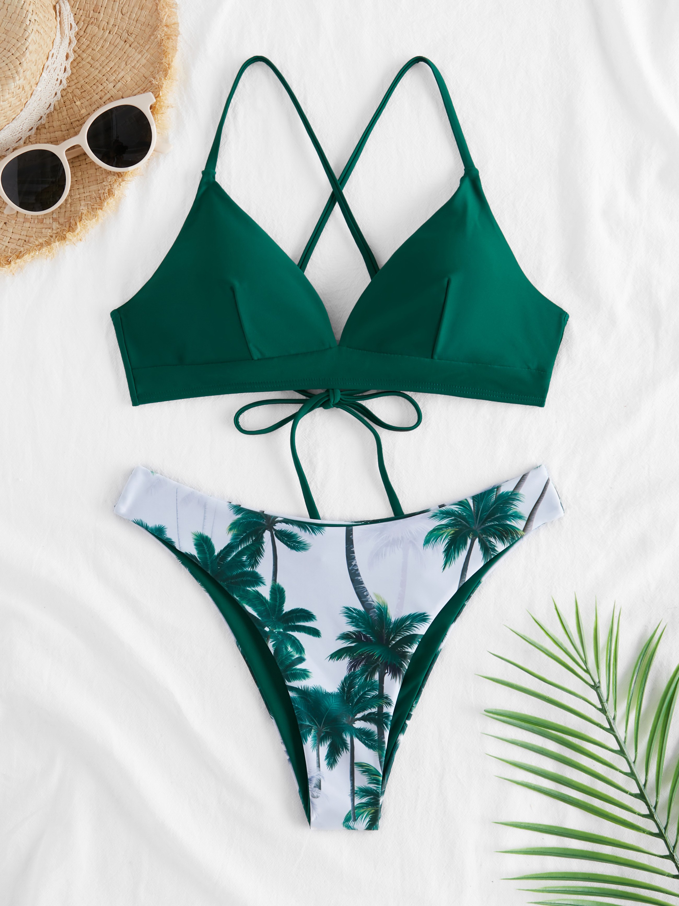 Palm Tree Print Back Lace Up Bikini