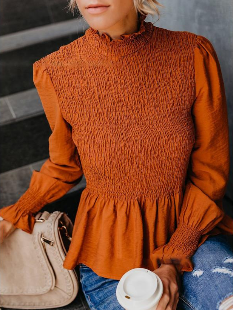 Women's Fashion Solid Chiffon Turtle Neck Solid Shirred Long Sleeve Blouses