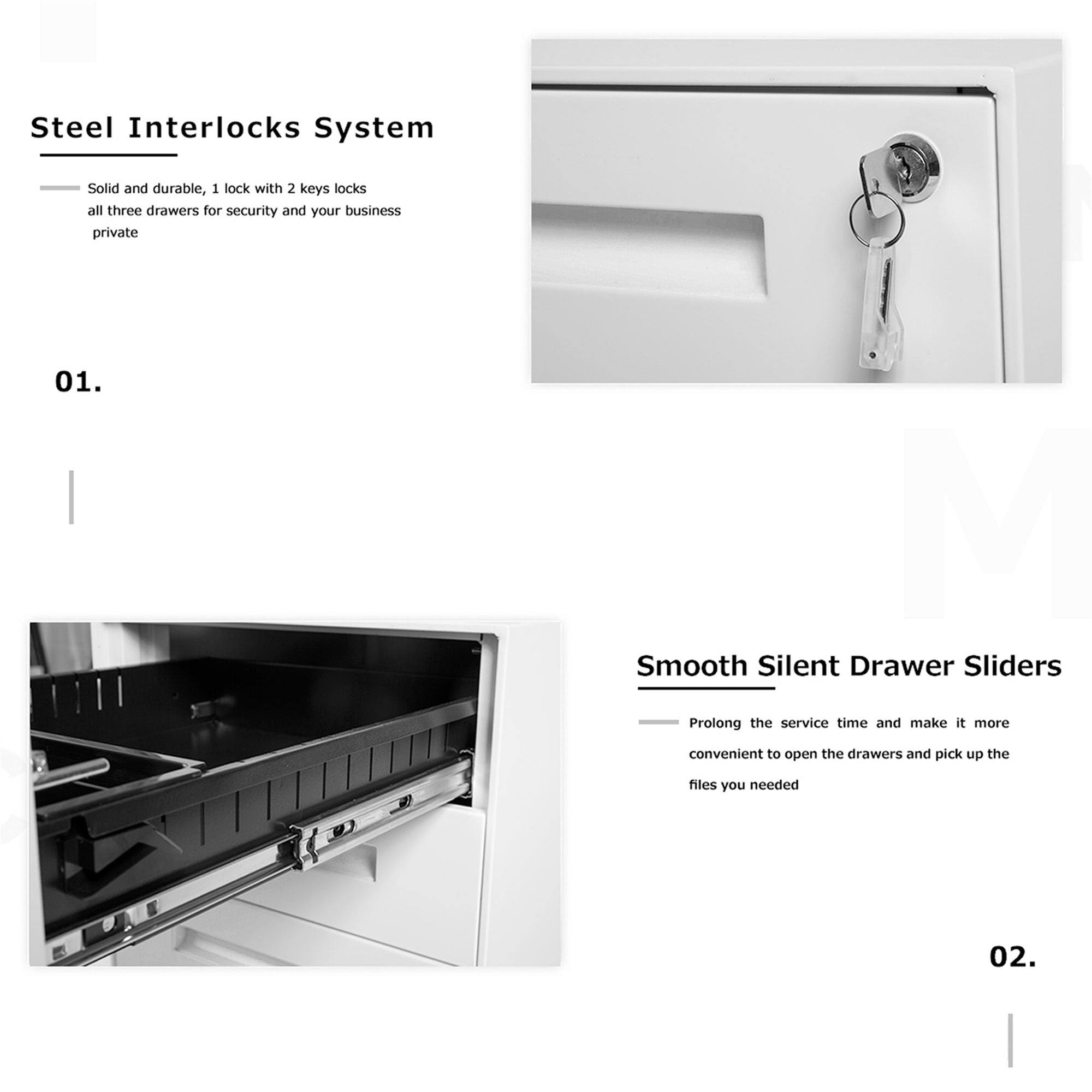 3-Drawer Mobile Metal File Cabinet with Lock and Keys White - Letter