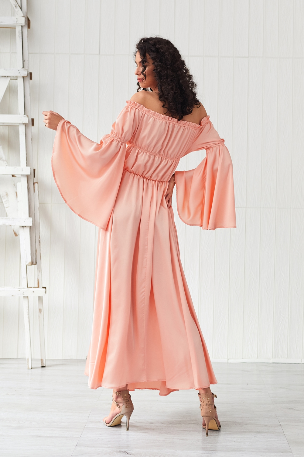 Summer Off Shoulder Slit Long Dress with Wide Sleeves