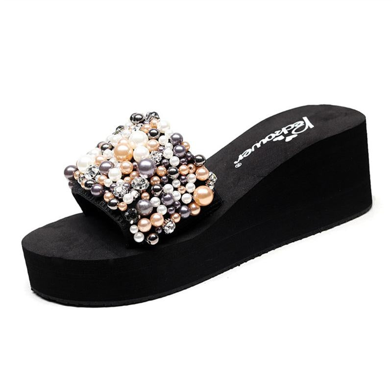 Daily Slip On Imitation Pearl Wedge Heel Slippers