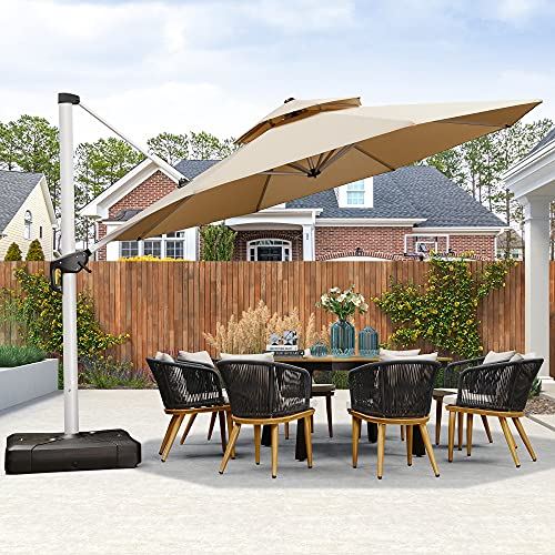 PURPLE LEAF 13 Feet Double Top Round Deluxe Patio Umbrella Offset Hanging Umbrella Outdoor Market Umbrella Garden Umbrella, Beige