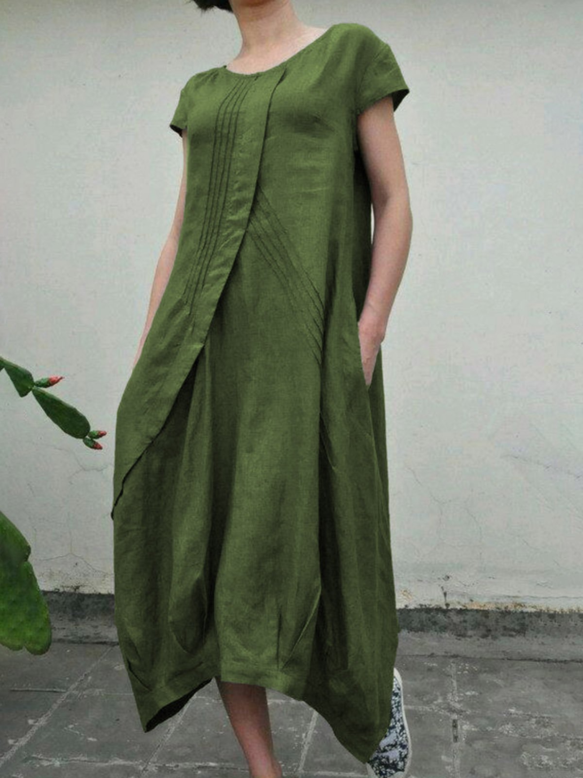 Summer Linen  Pockets Pleated Swing Solid Dresses