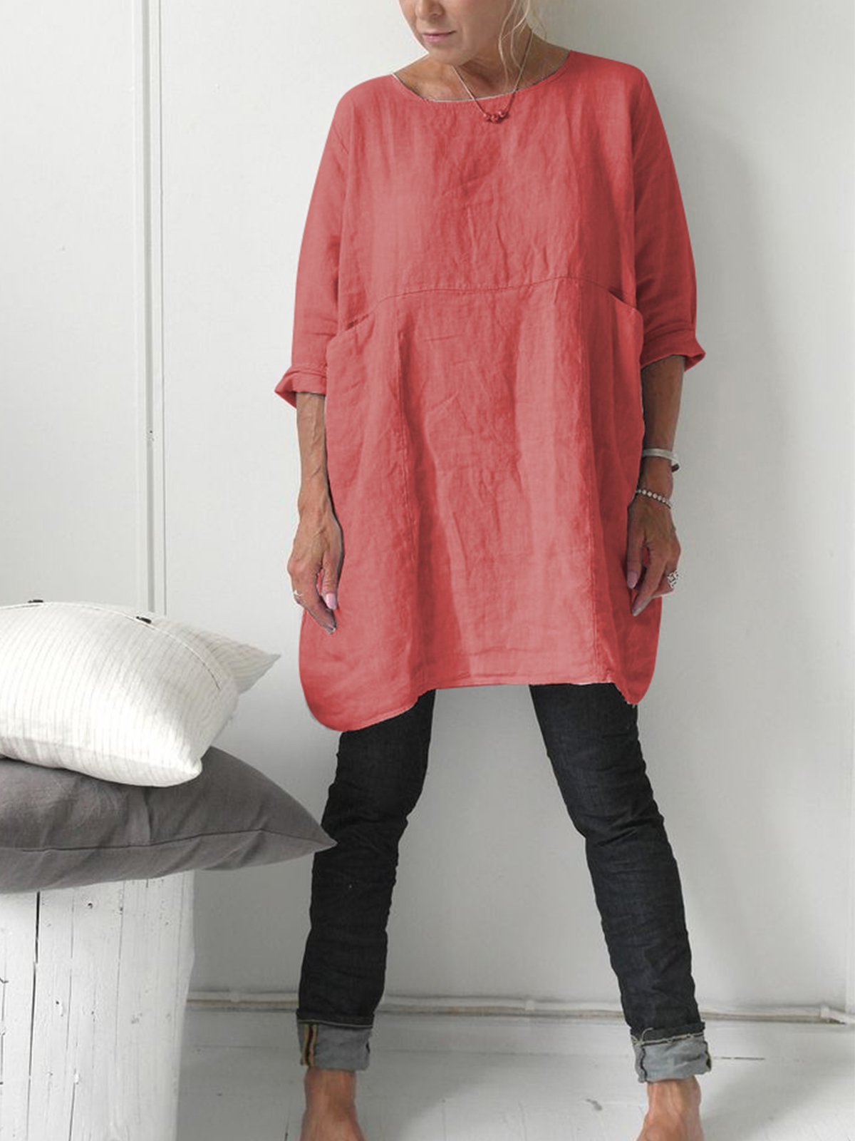 3/4 Sleeve Crew Neck Cotton-Blend T-shirt