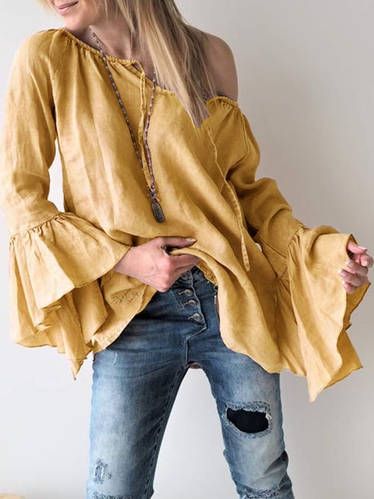 Patchwork Cotton-Blend Sexy V Neck T-Shirts