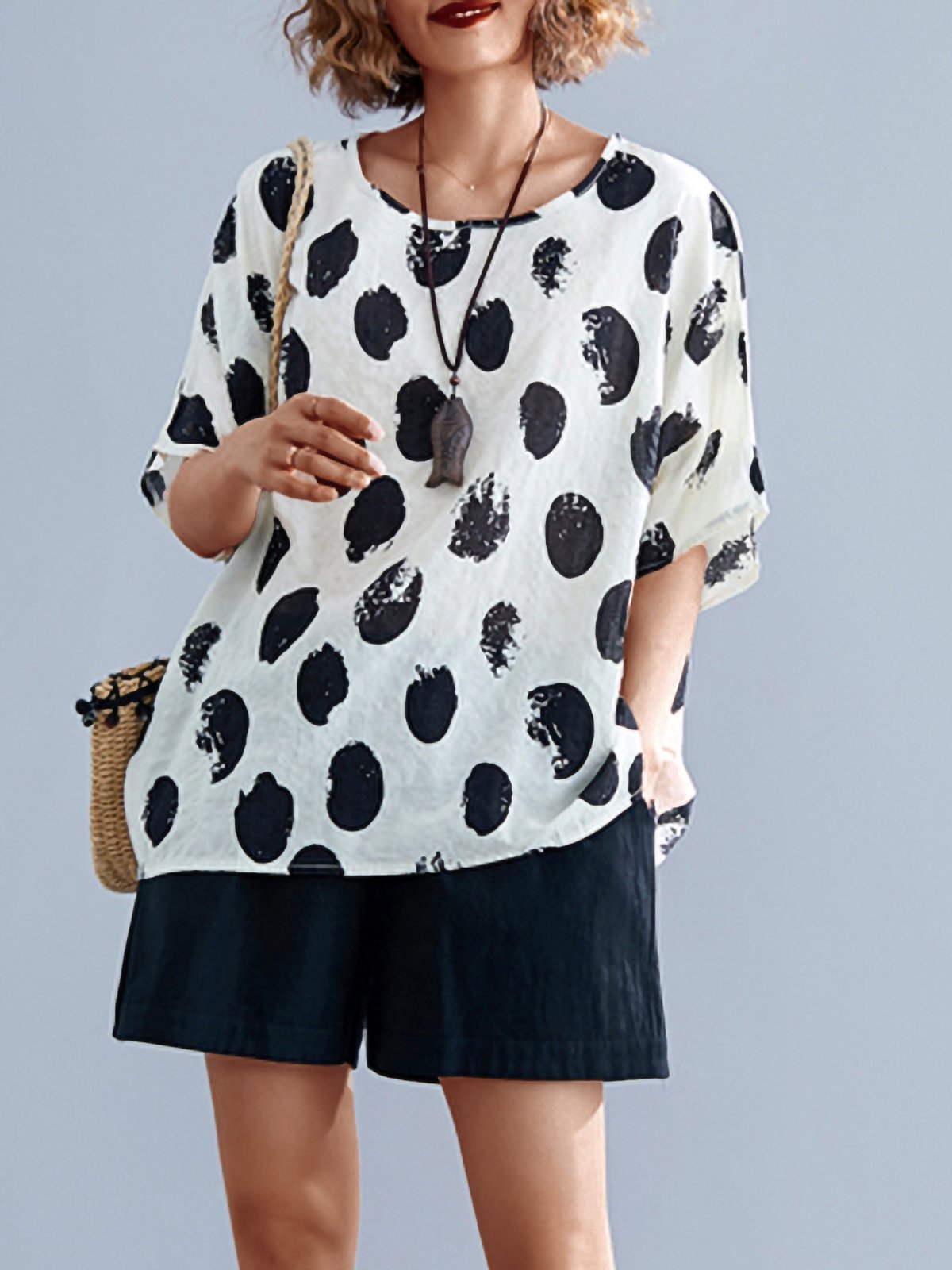 Plus Size Women Short Sleeve Round Neck Vintage Polka Dots Floral Casual Tops