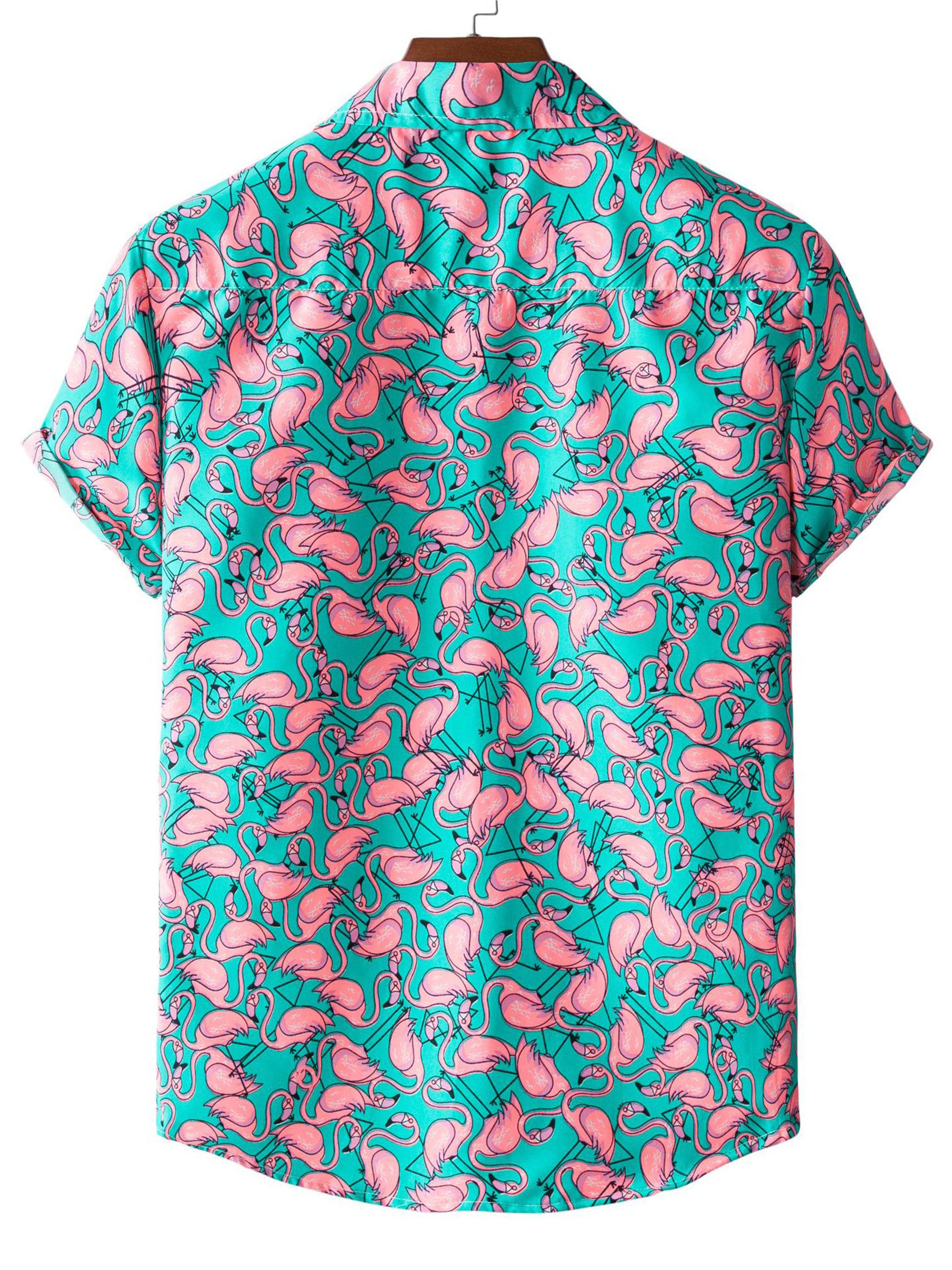 Men's Flamingo Print Button Short Sleeve Shirt