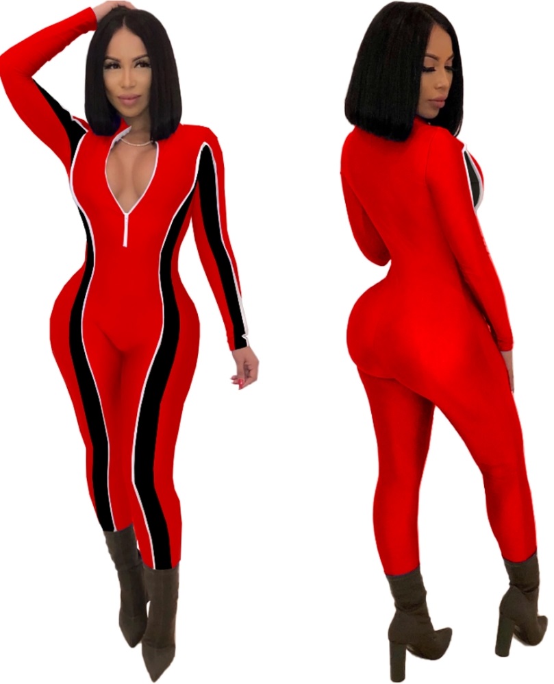 Color Block Long Sleeve Bodycon Zipper Jumpsuit
