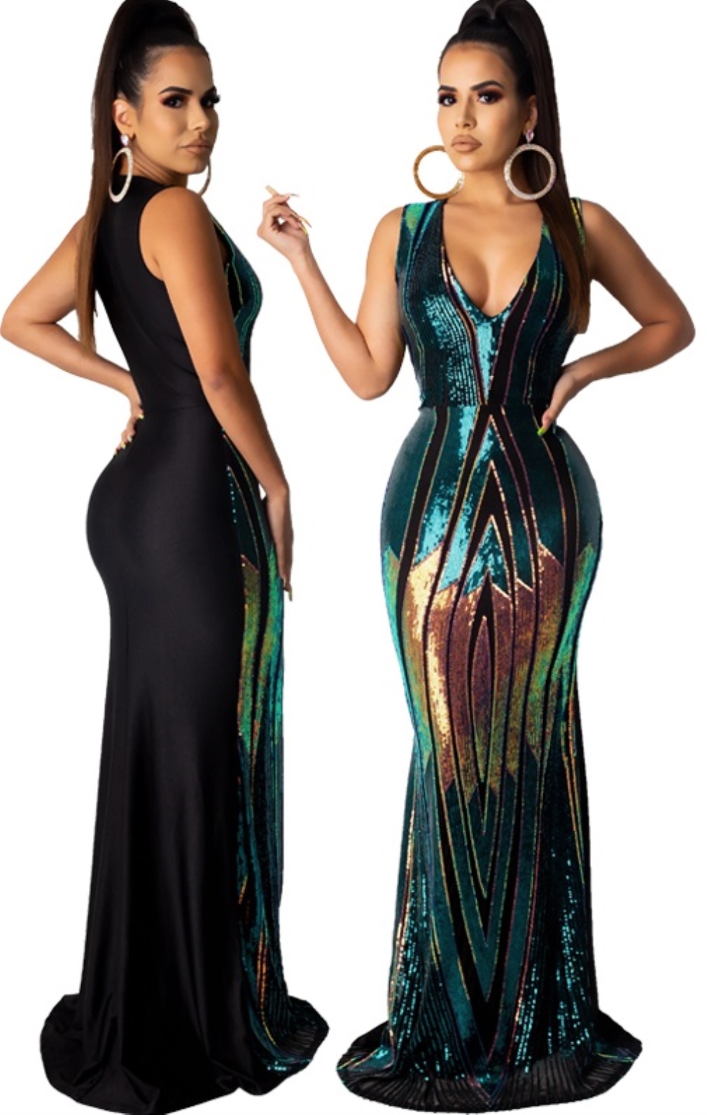 Sequins Sleeveless V-Neck Mermaid Evening Dress