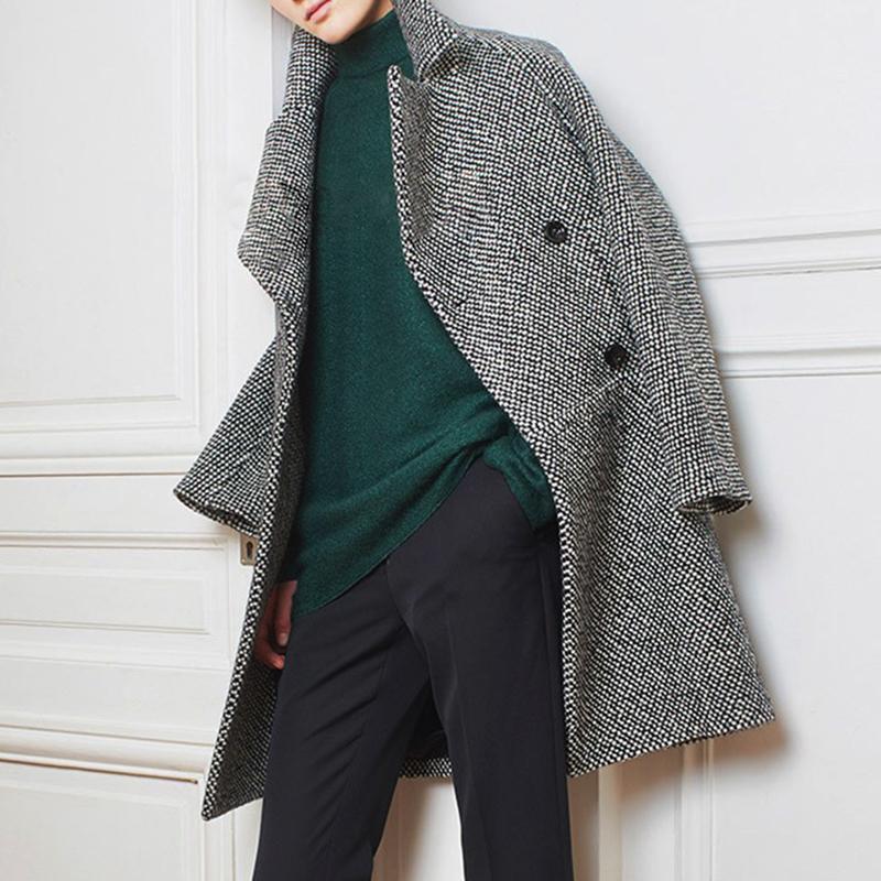 Stylish Long-Sleeved Plaid Lapel Coat