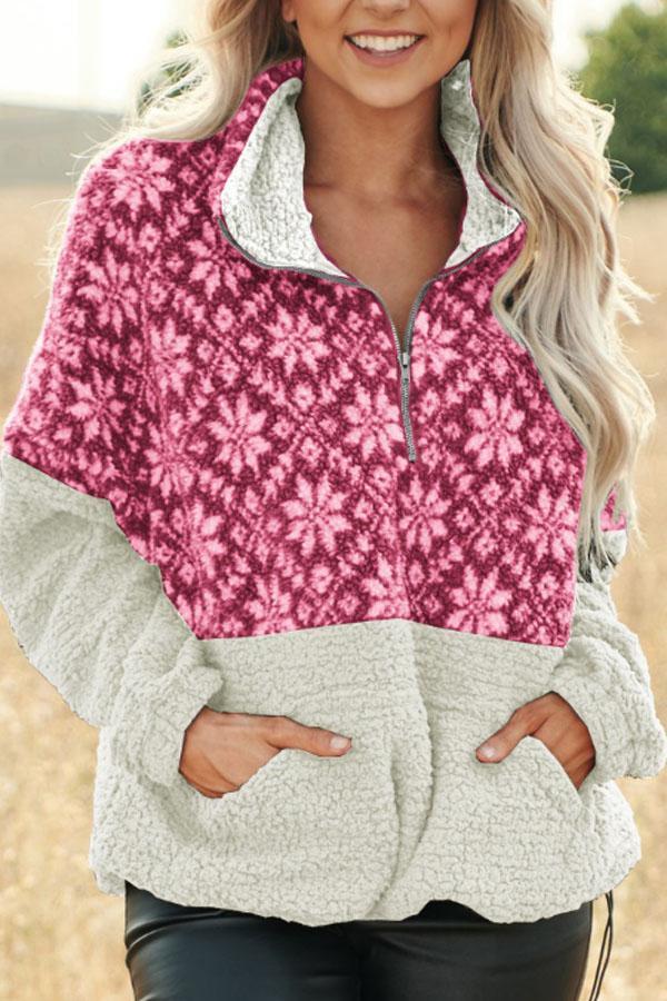 Christmas Snowflake Pullover Bend Collar Zipper Print Teddy Outerwear