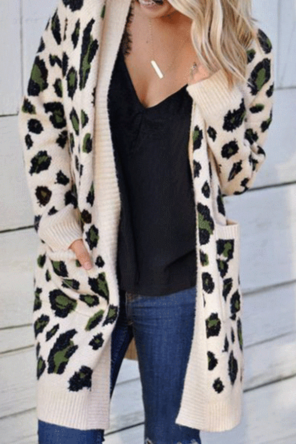 Fashion Leopard Print Pockets Loose Sweater Cardigan