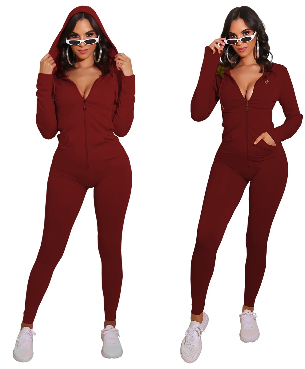 Autumn Sports Fitness Solid Plain Zip Up Hoodie Jumpsuit