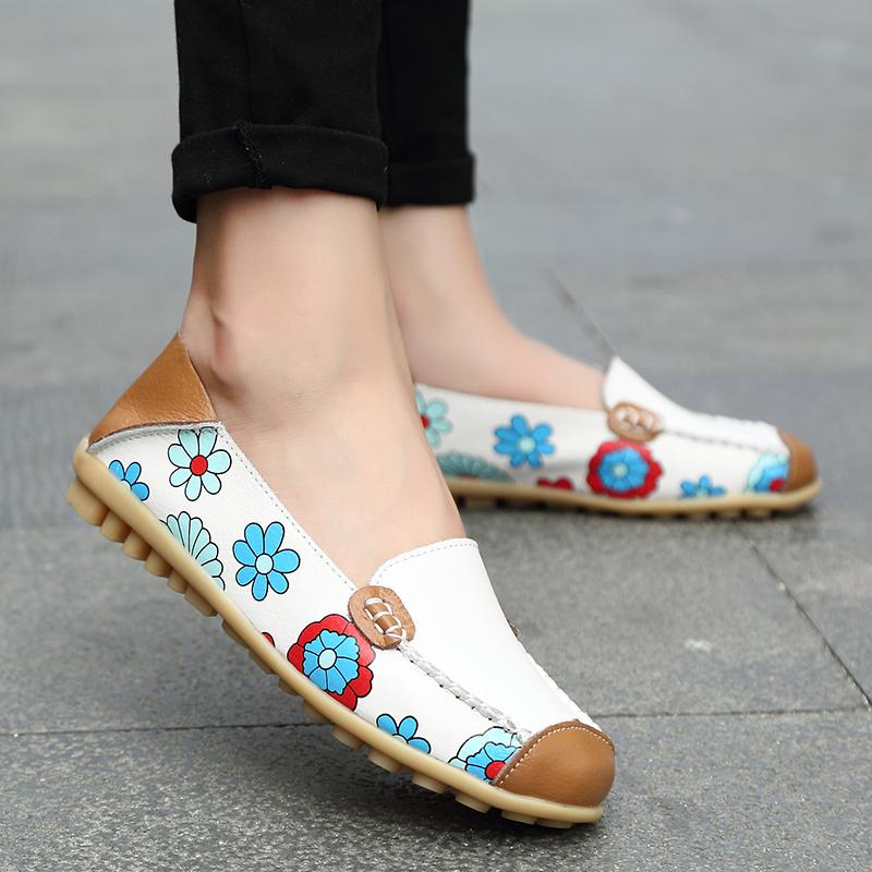 Large Size Floral Print Split Leather Casual Flats
