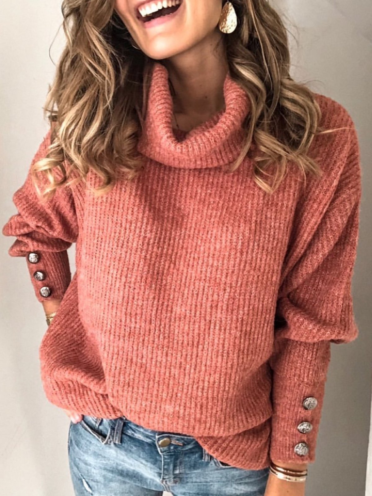 Plain Turtleneck Buttoned Casual Sweaters