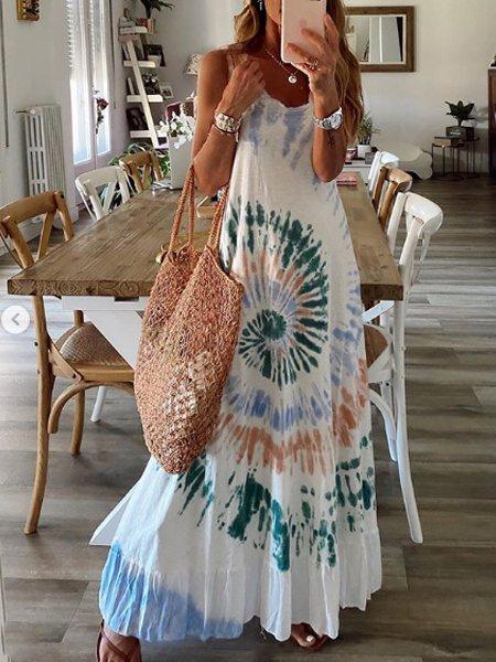 White Sleeveless Ombre/tie-Dye A-Line Cotton Dresses