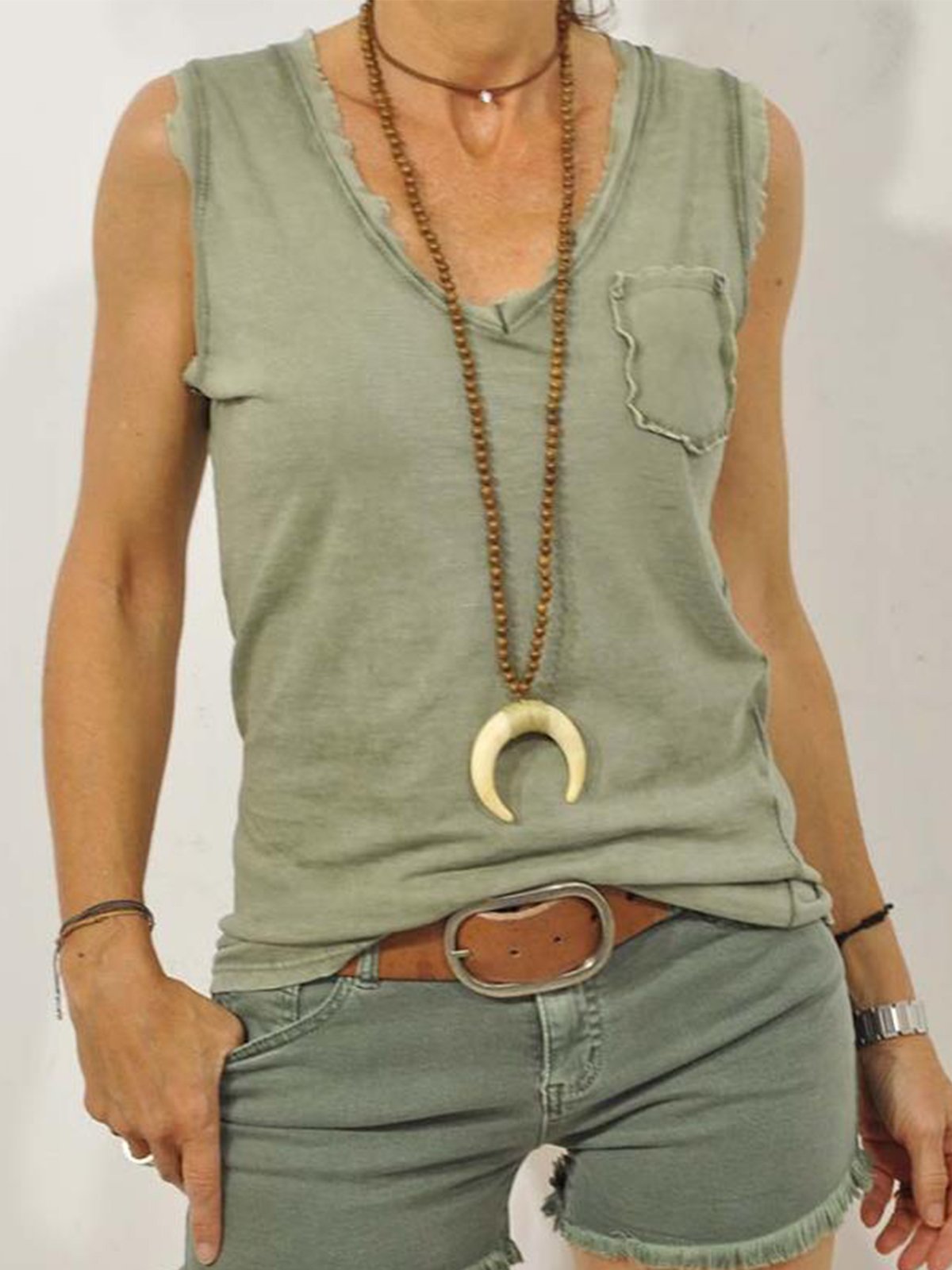 Casual V Neck Solid Sleeveless Pockets Tops