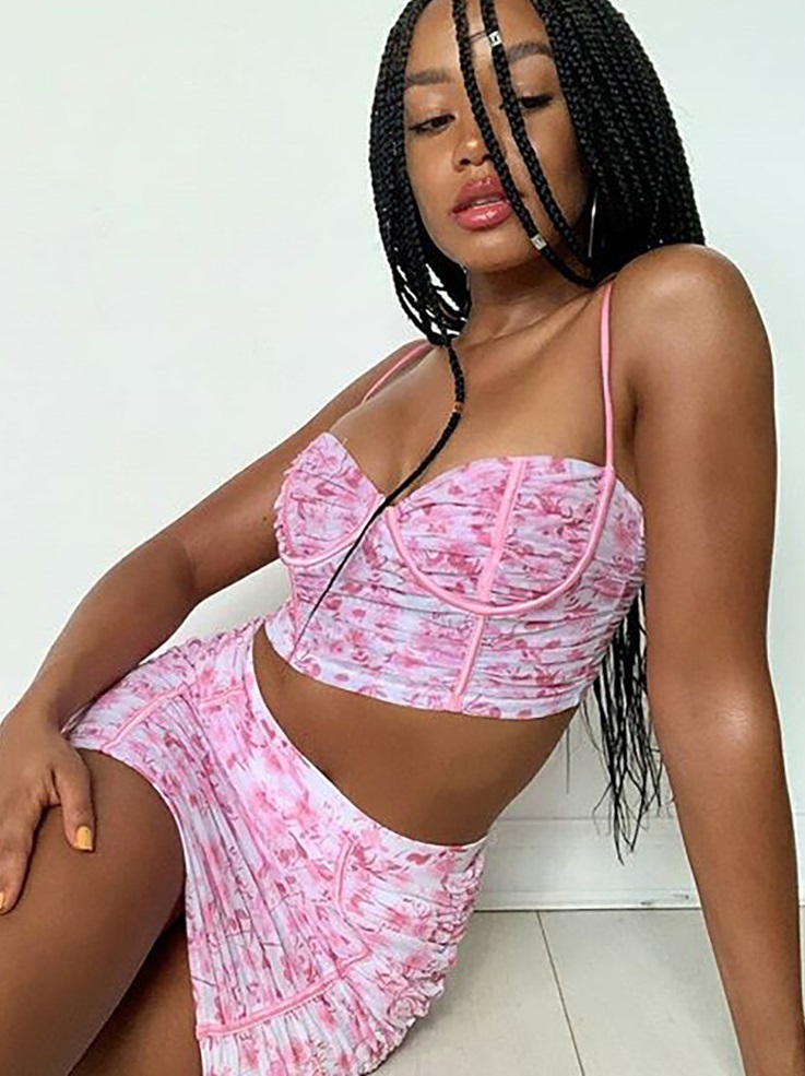 Summer Party Floral Strap Crop Top and Mini Skirt Set