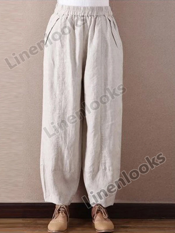 Linen Wide Leg Pants Loose Elastic Waist Trousers Casual Bloomers