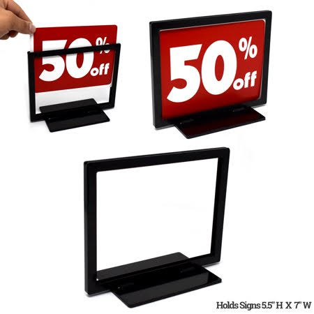 Countertop Flat Base Sign Holder, Low Profile Heavy Duty Metal Tabletop Black Card Display, 5.5 inch H x 7 inch W, 5 Pack