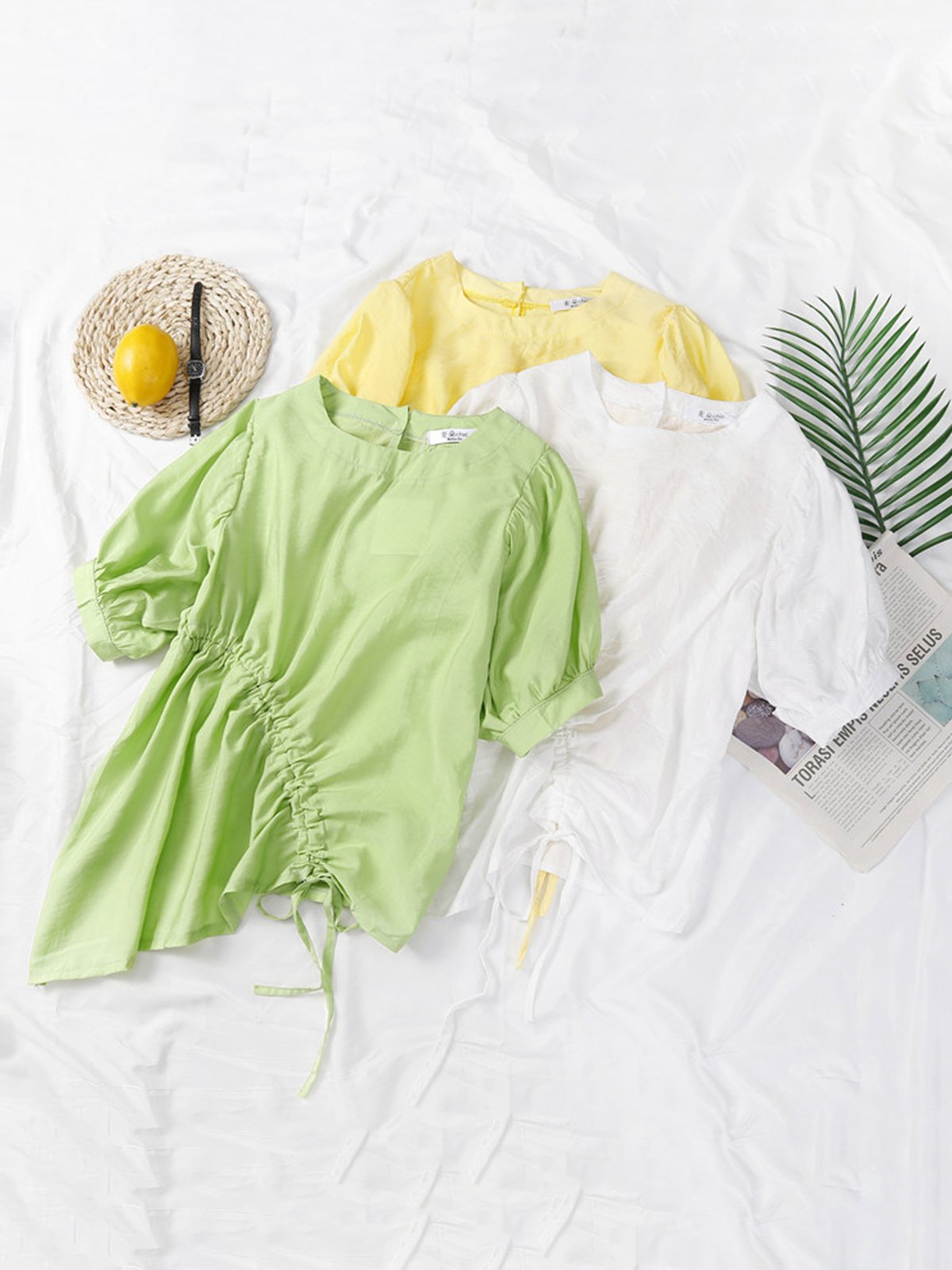 Diagonal Drawstring Lantern Sleeve Solid Short Sleeve Loose Design Casual Tops