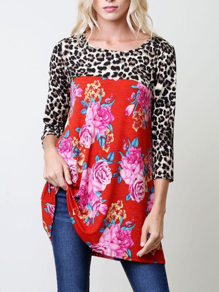 Leopard-Print Cotton-Blend Floral Long Sleeve T-Shirts