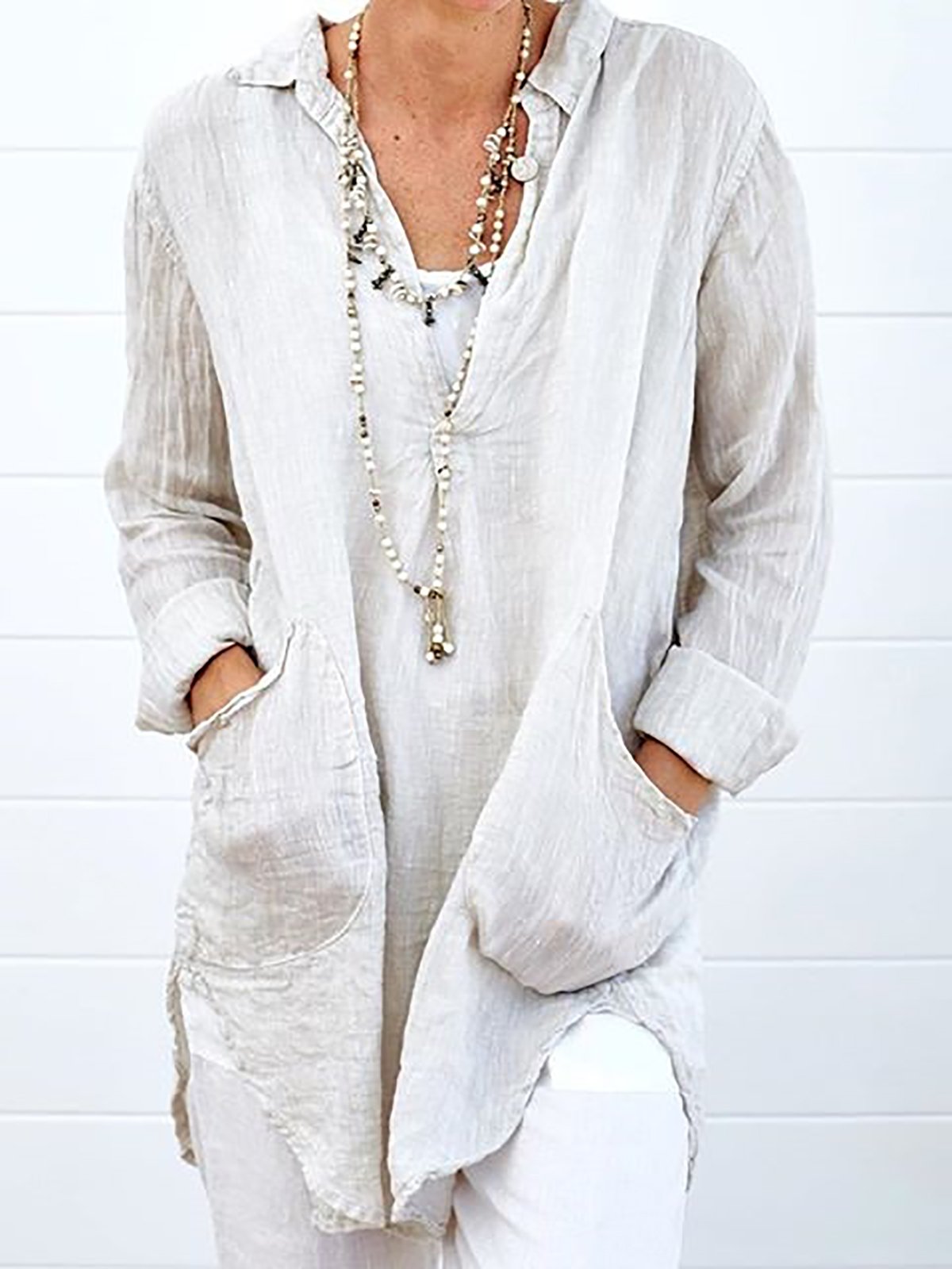 Double Pockets Long Sleeve Plus Size Shirts