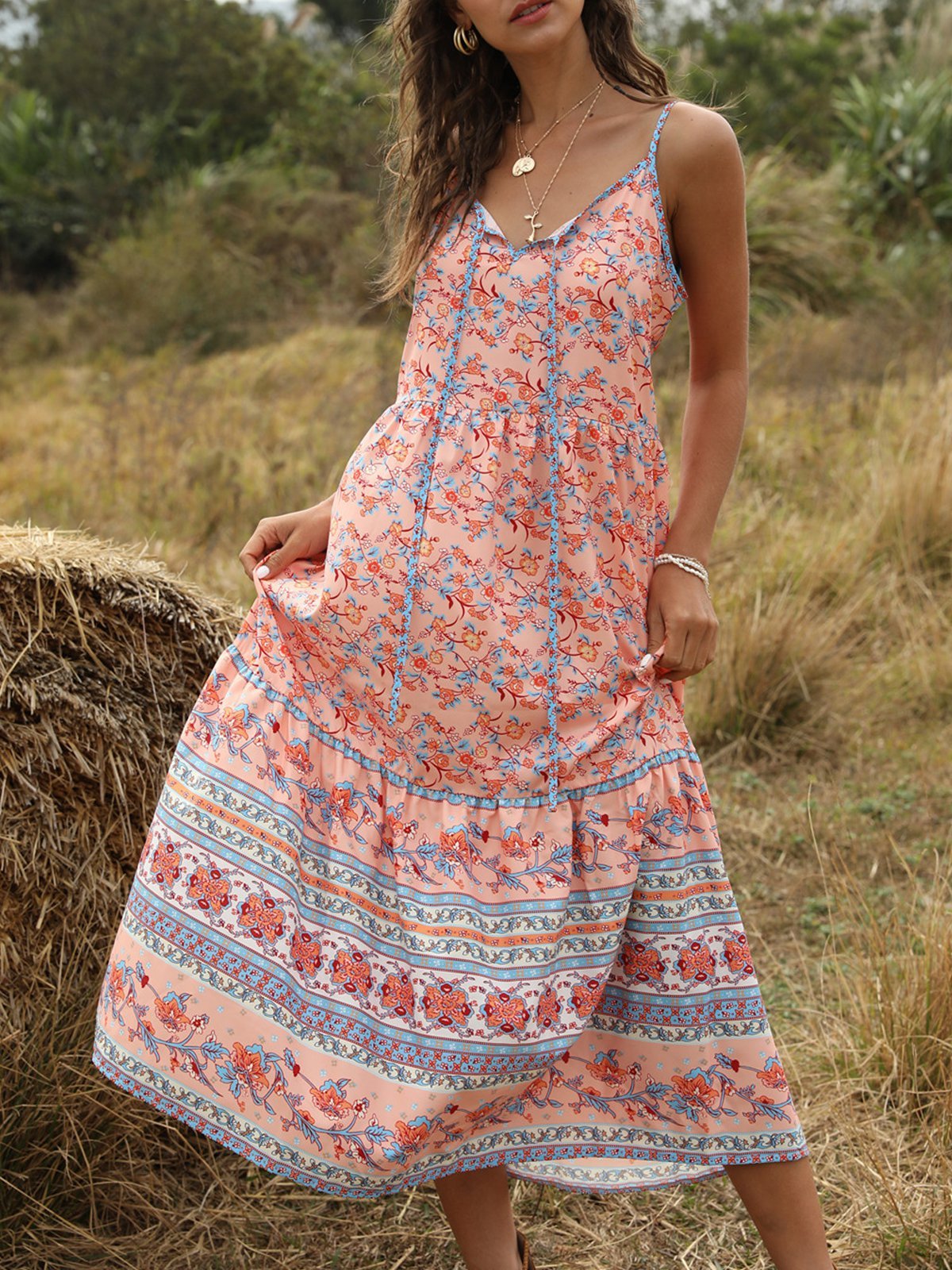 Pink Printed V-Neck Boho Sleeveless Dresses