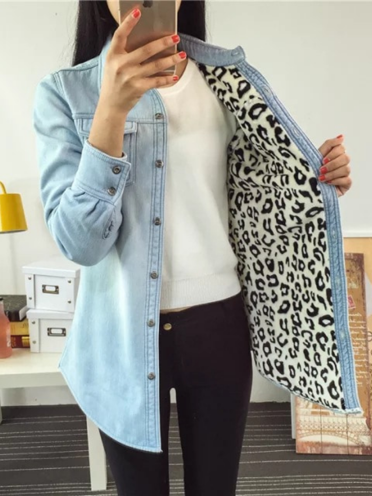Leopard Lining Denim Shirt Collar Long Sleeve Outdoor Coat