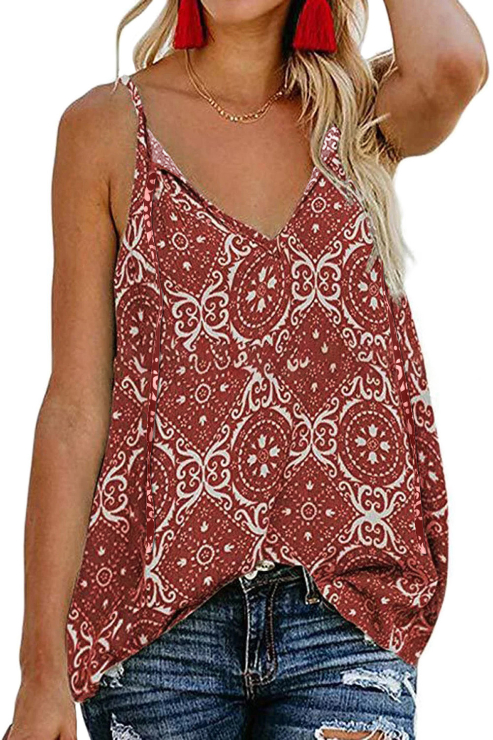 Red Spaghetti Strap Boho Printed Holiday Camisole