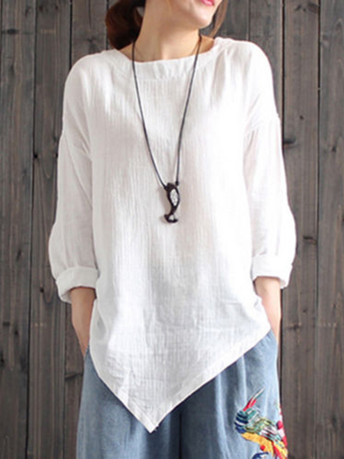 Women Cotton Crew Neck Casual Blouses Shirt