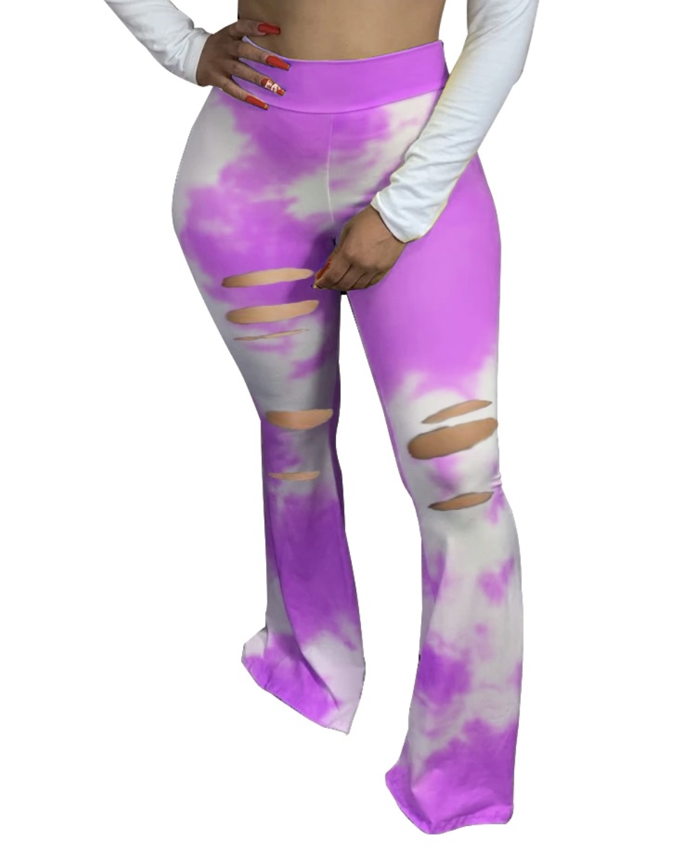 Bell Bottom Tie Dye High Waist Rip Trousers
