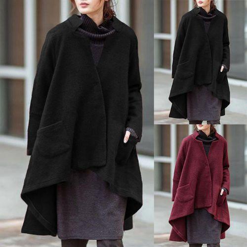 Women Vintage Stand Collar Irregular Poncho Coat Solid Color Oversized Long Outwear