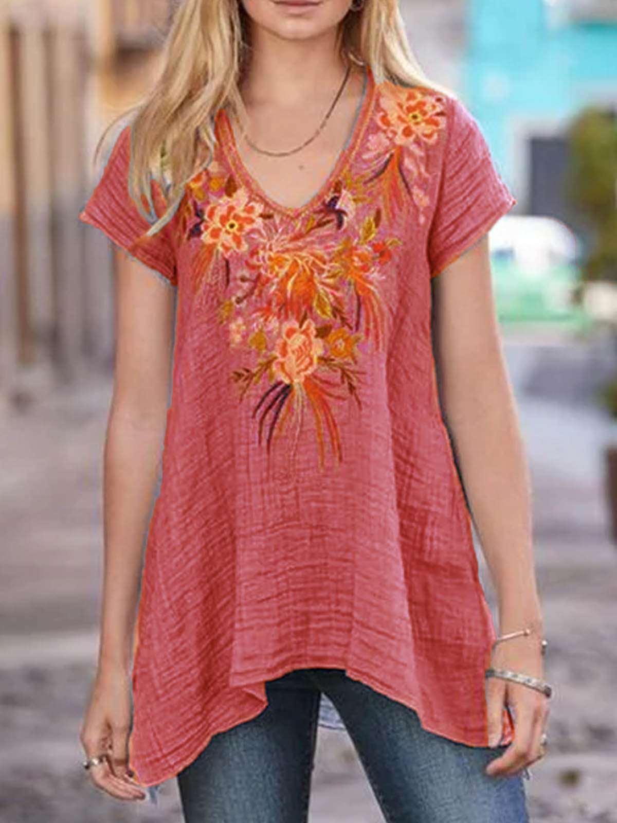 Blue Gray Cotton-Blend Short Sleeve Patchwork Shirts & Tops