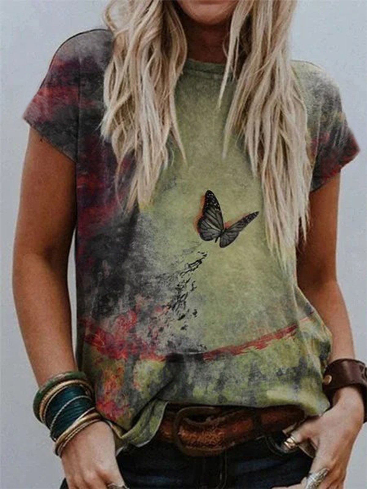 Multicolor Short Sleeve Ombre/tie-Dye Floral-Print Shirts & Tops