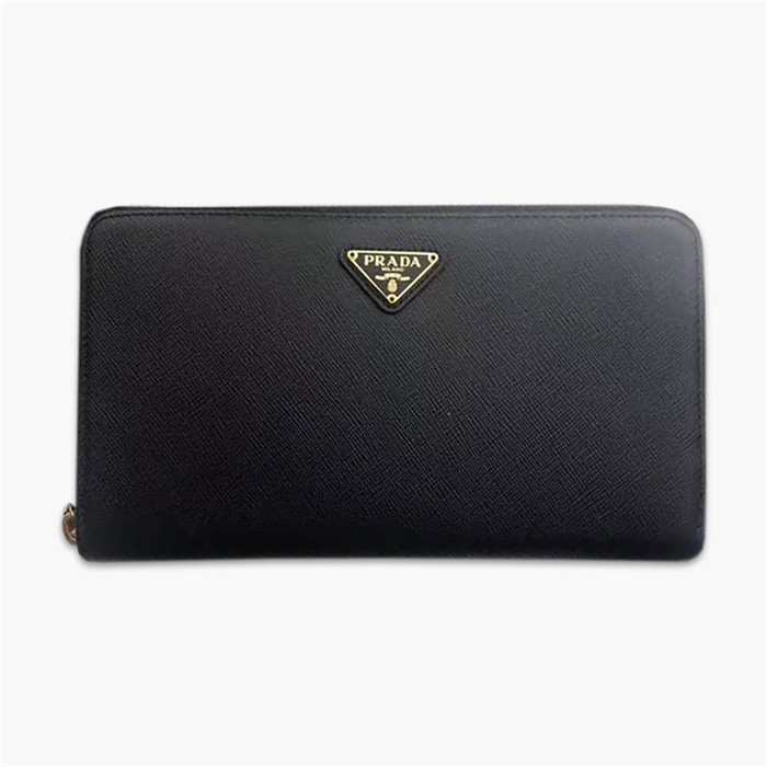 【原版皮】普拉达/Prada 拉链钱夹，选用十字纹小牛皮裁制而成，正面点缀三角唛徽标，经典之作，简单时尚，款号：1M1188