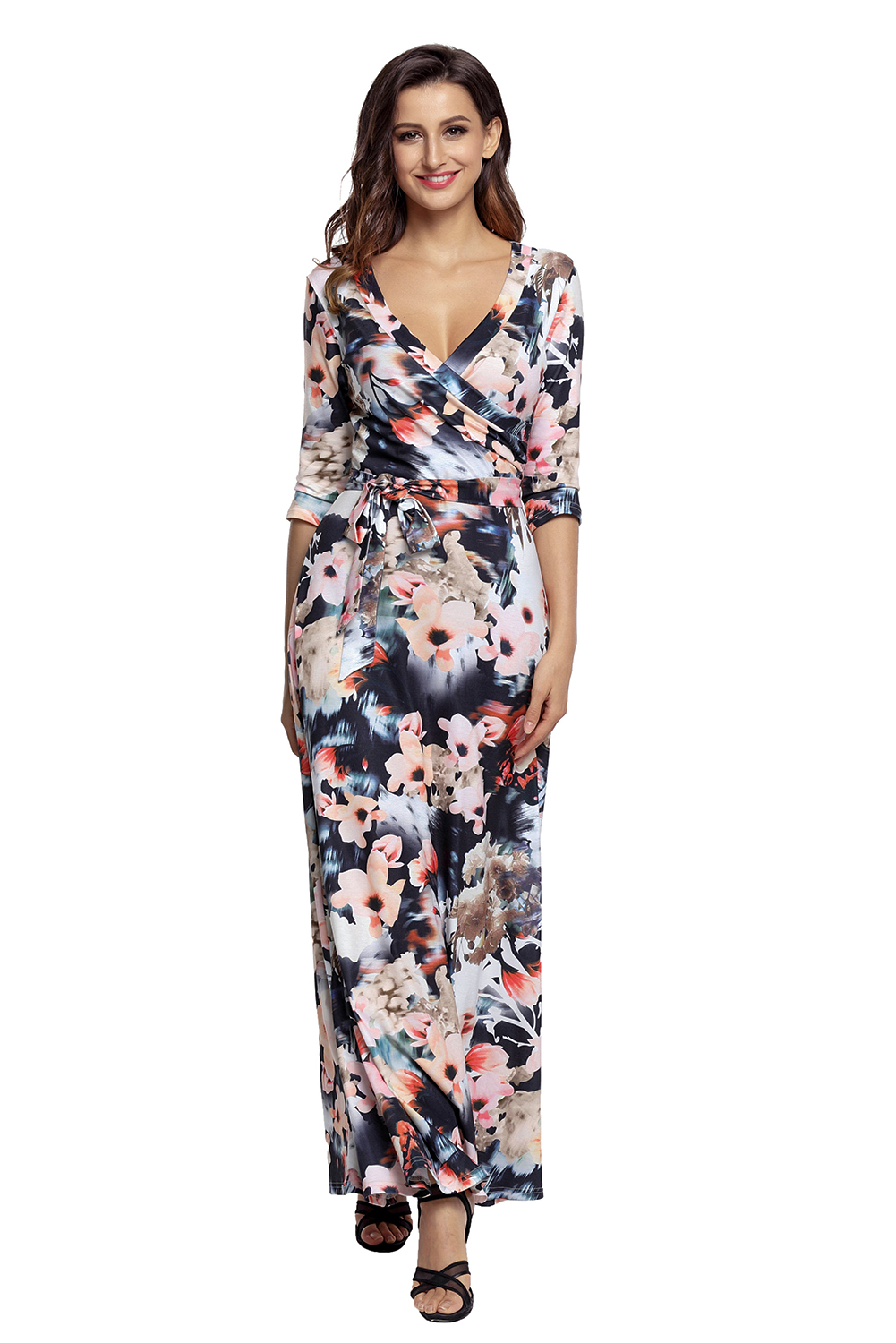Dark Floral Print Wrapped Long Boho Dress