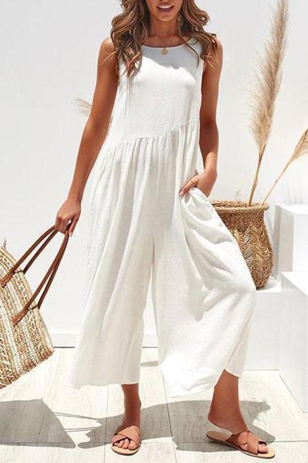 Casual Round Collar Plain Loose Sleeveless Jumpsuit
