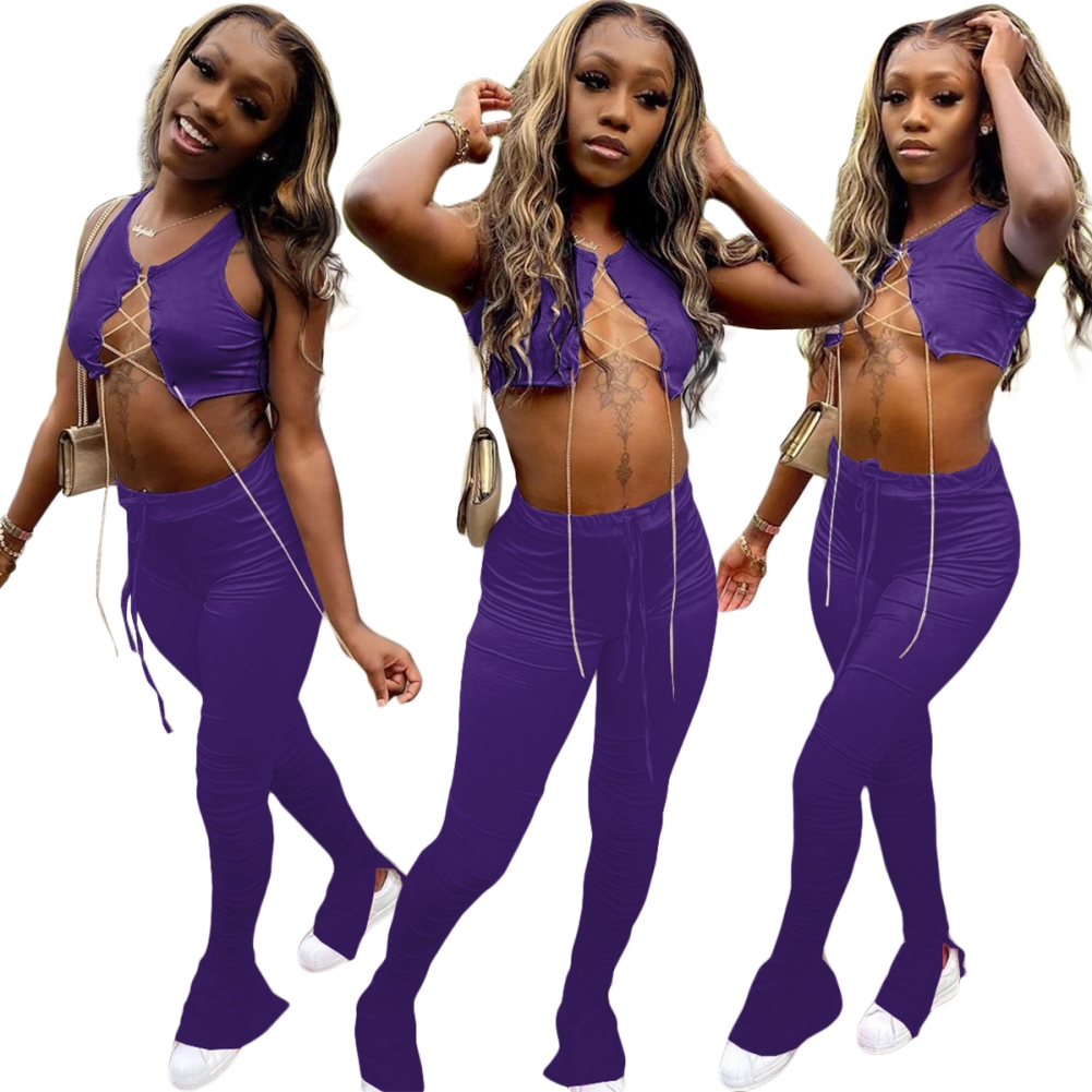 Sexy Lace Up Crop Top and High Waist Stacked Legging Set