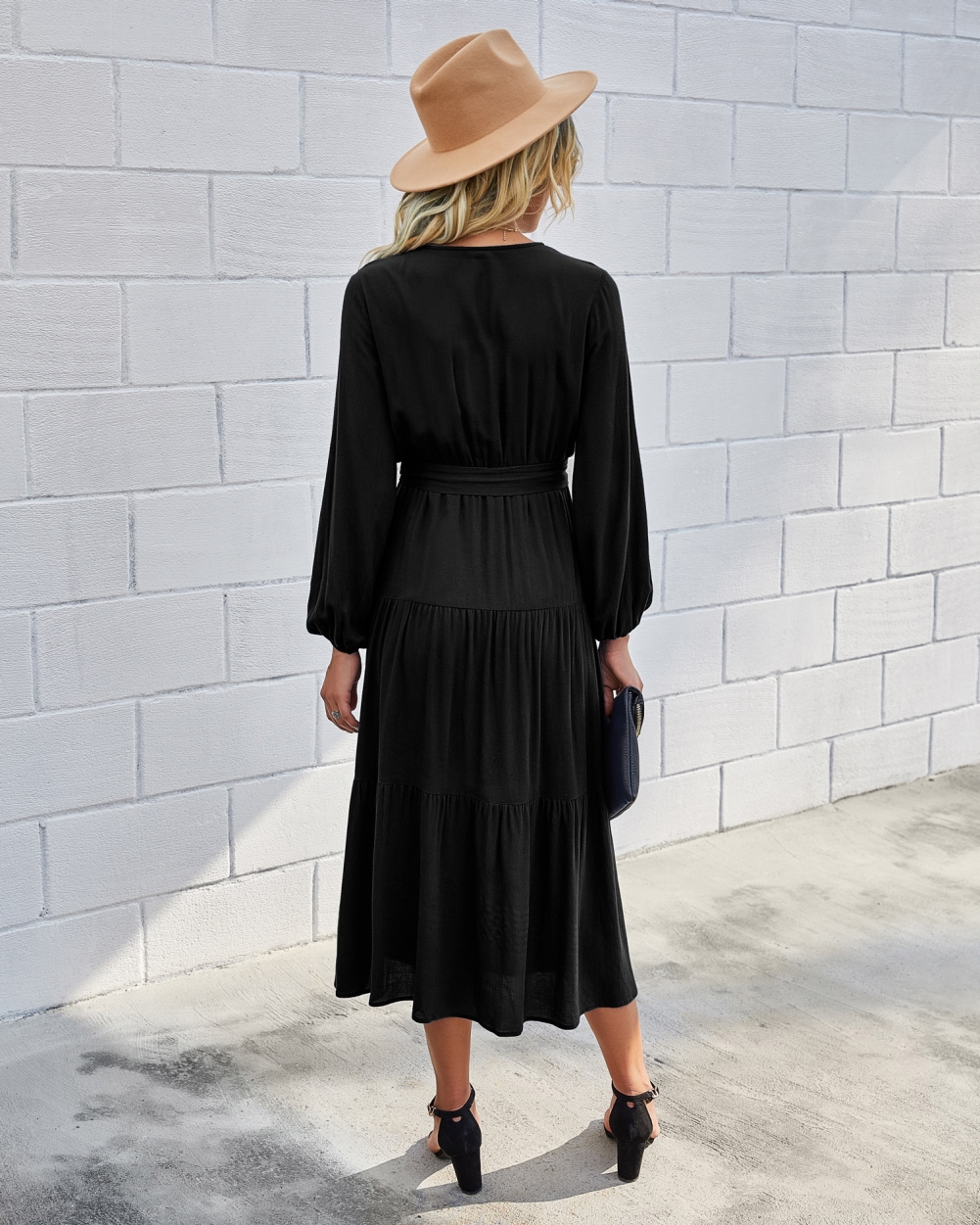 Western Long Sleeve Wrapped Solid Long Dress