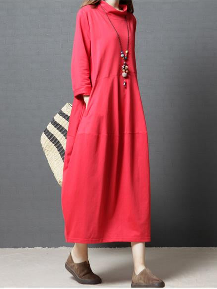 Long Sleeve Women Solid Casual Loose Cotton Dress