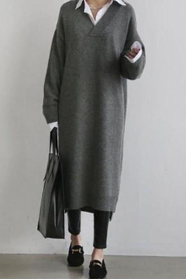 Fashion Simple Loose Long Sleeves Knitted Sweater Shown Thin Maxi Dress